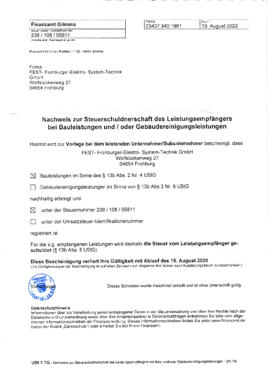 FA-Nachweis Steuerschuldnerschaft, 18.08.2025